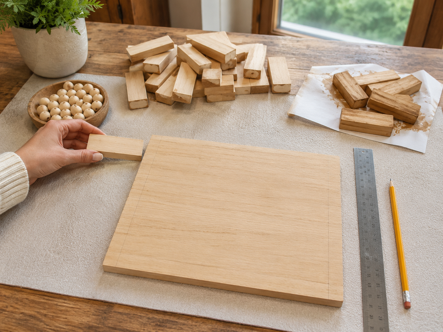 How to prepare backing board & blocks - DIY Jenga Block Key Holder with Wooden Beads DIY tutorial