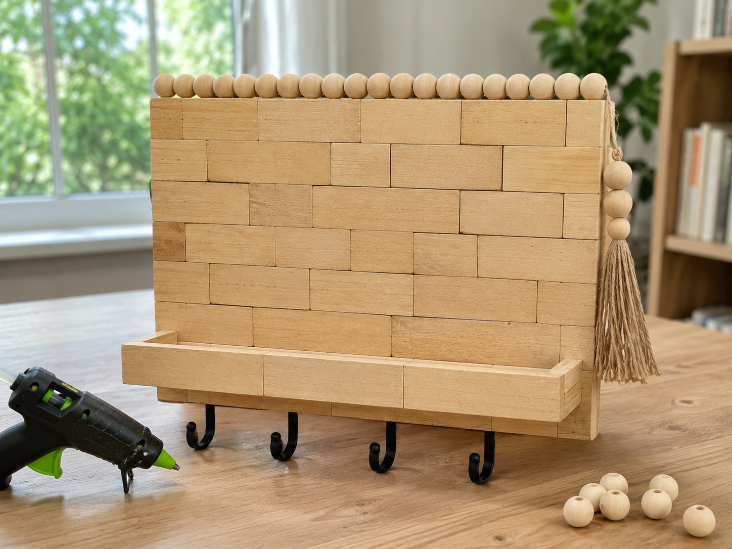 How to add top bead trim - DIY Jenga Block Key Holder with Wooden Beads DIY tutorial