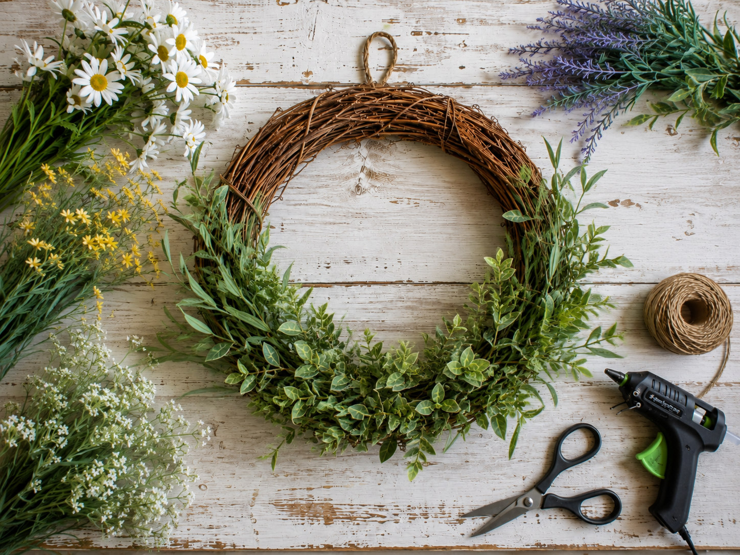 How to attach base greenery - Easy Summer Wildflower Wreath DIY tutorial