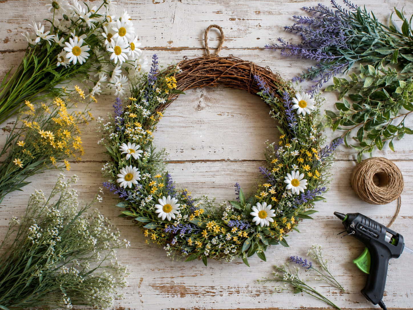 How to tuck in filler flowers - Easy Summer Wildflower Wreath DIY tutorial