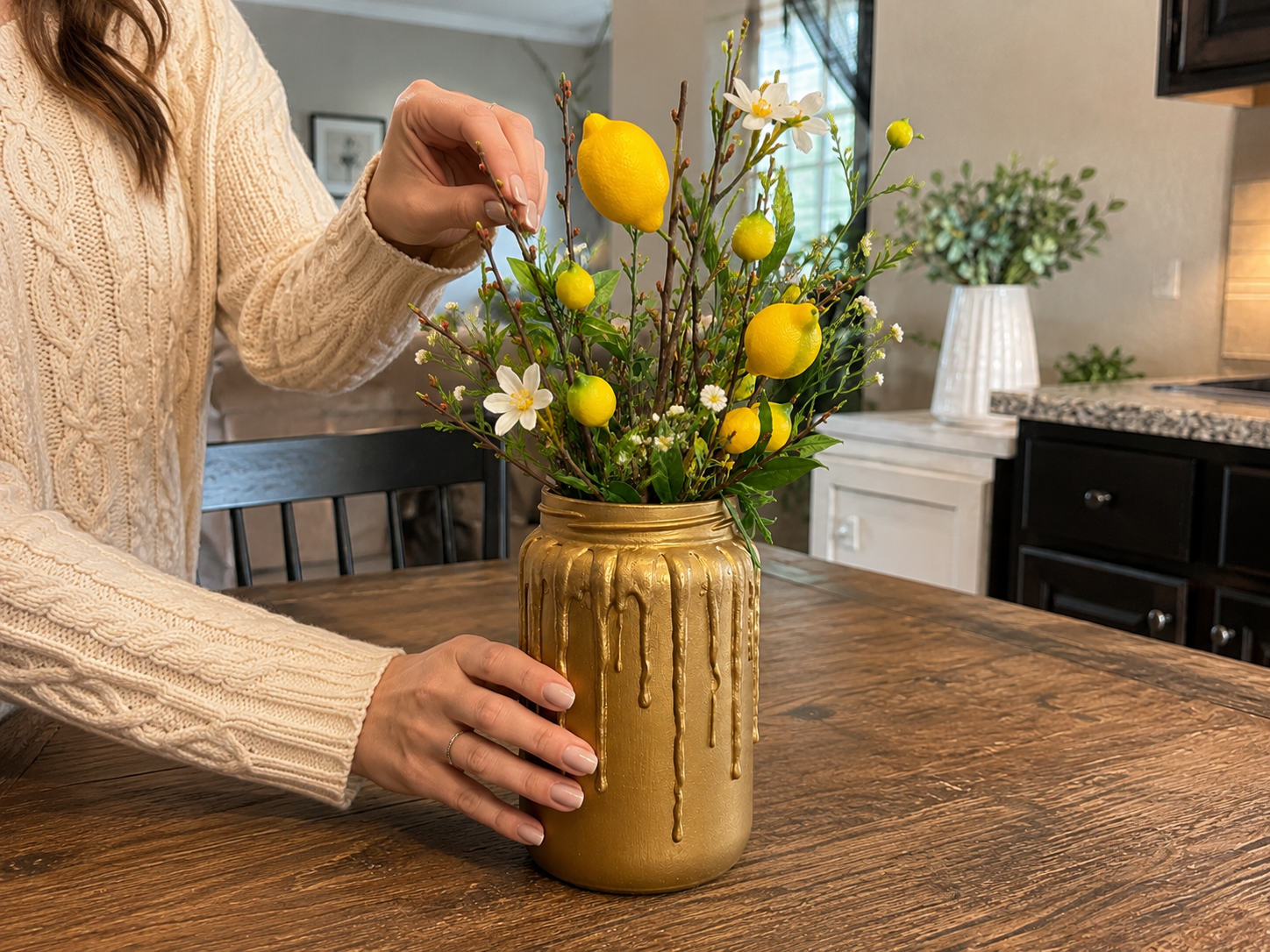 How to add lemons & filler flowers - Gilded Lemon Drip Farmhouse Vase: Dollar Tree DIY DIY tutorial