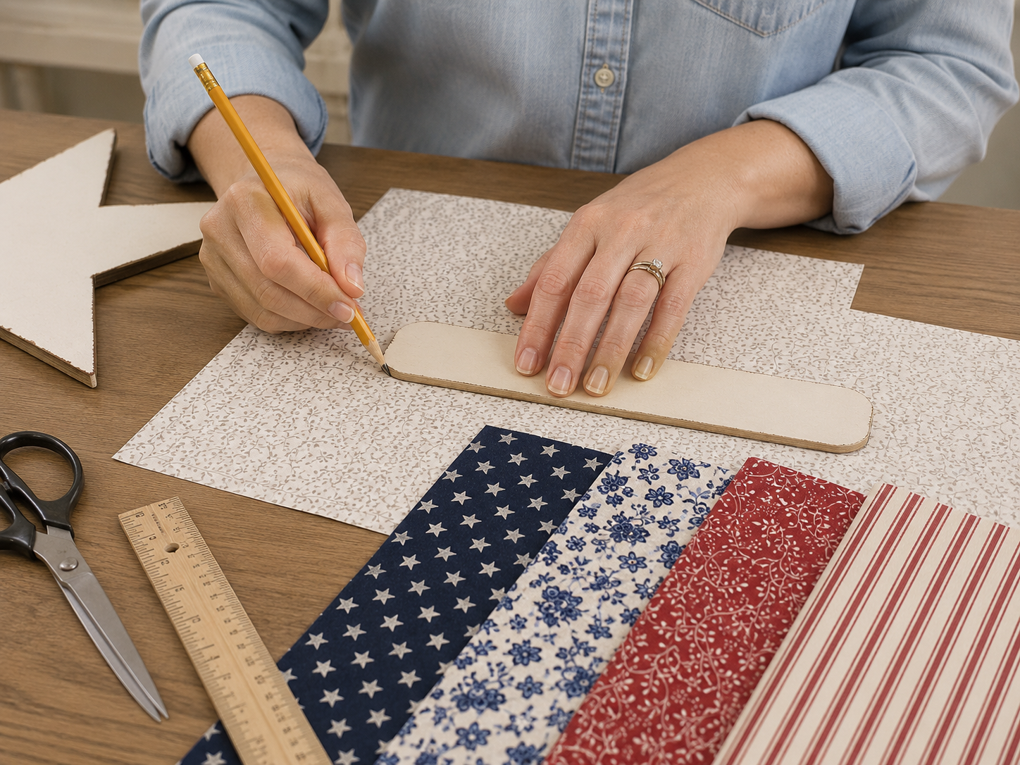 How to measure & cut paper/fabric - Rustic Dollar Tree Patriotic Wooden Star DIY tutorial