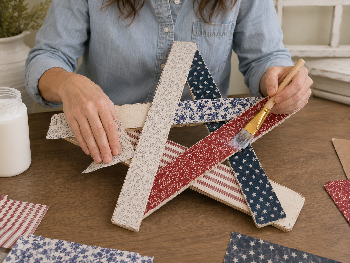 How to apply paper/fabric to slats - Rustic Dollar Tree Patriotic Wooden Star DIY tutorial