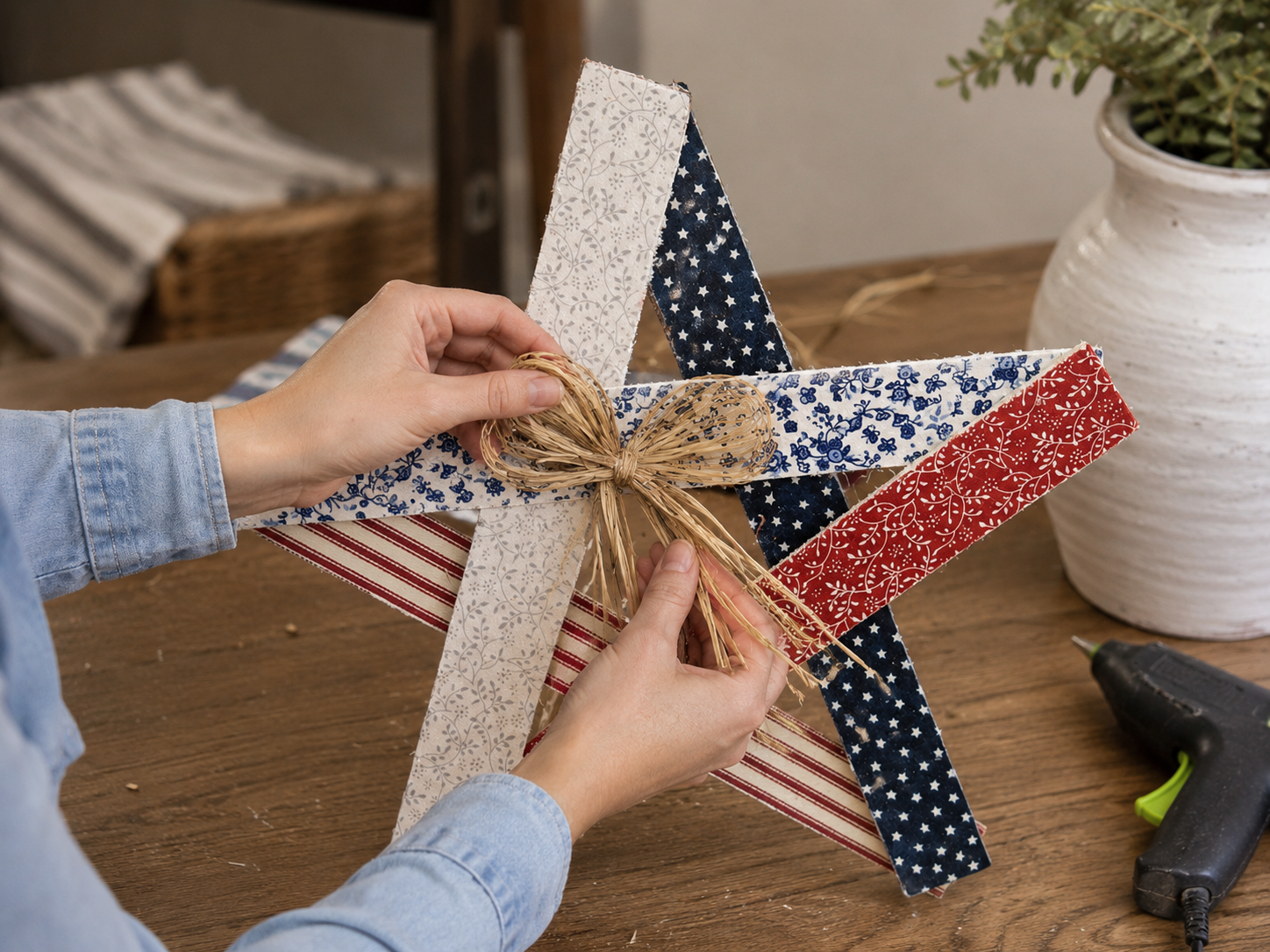 How to create & attach center bow - Rustic Dollar Tree Patriotic Wooden Star DIY tutorial