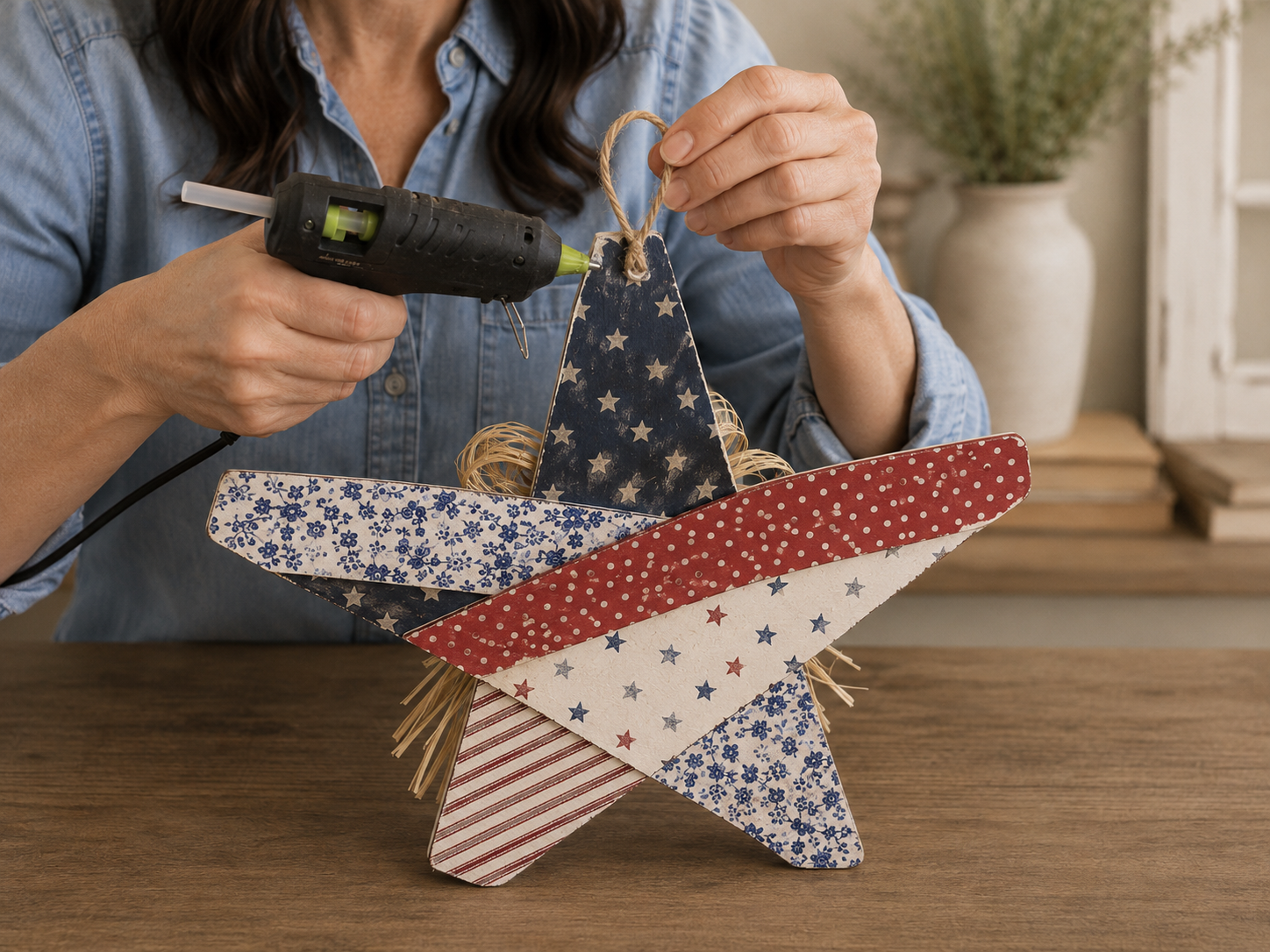 How to add hanger (optional) - Rustic Dollar Tree Patriotic Wooden Star DIY tutorial