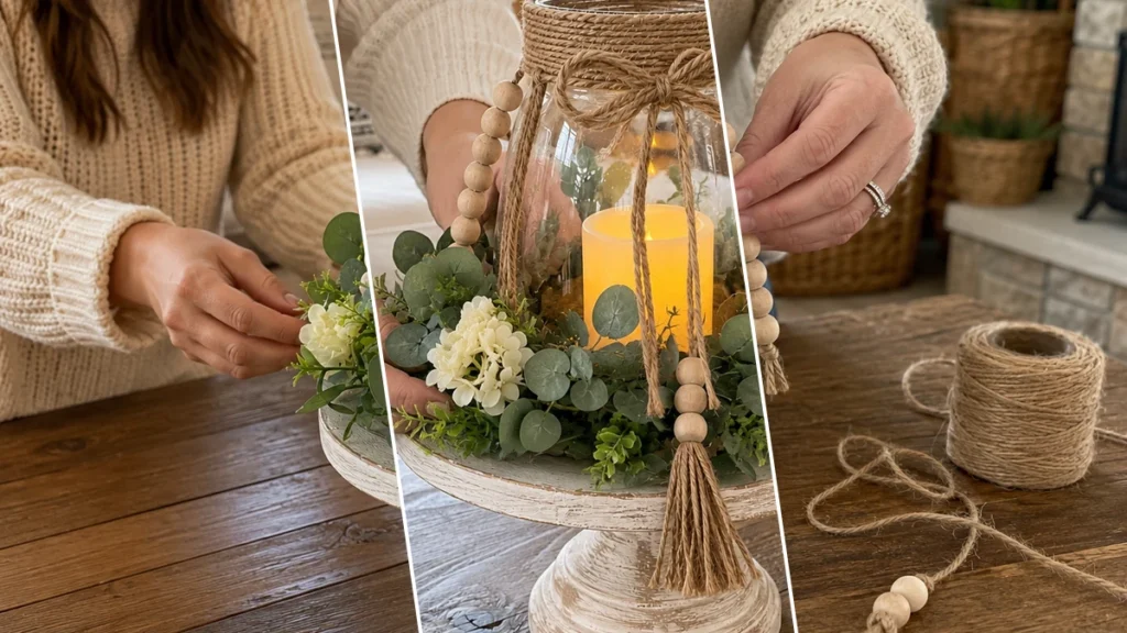 Rustic Farmhouse Beaded Candle Pedestal Centerpiece