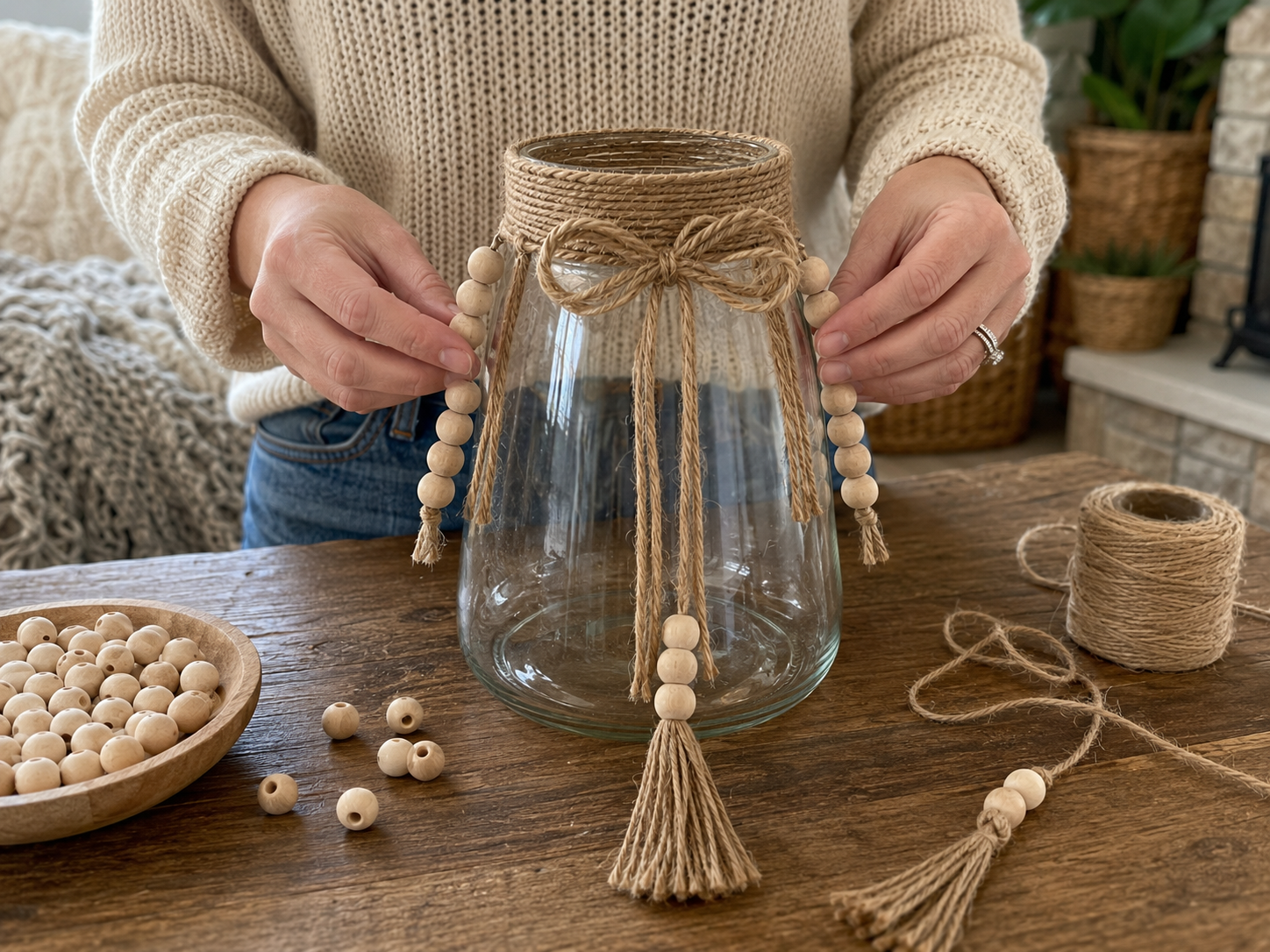 How to add beaded accents - Rustic Farmhouse Beaded Candle Pedestal Centerpiece DIY tutorial
