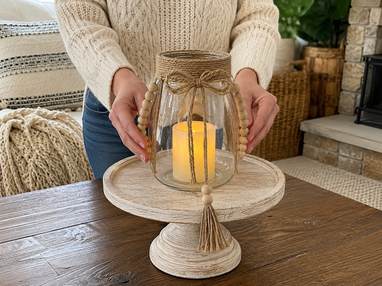 How to place candle & jar - Rustic Farmhouse Beaded Candle Pedestal Centerpiece DIY tutorial