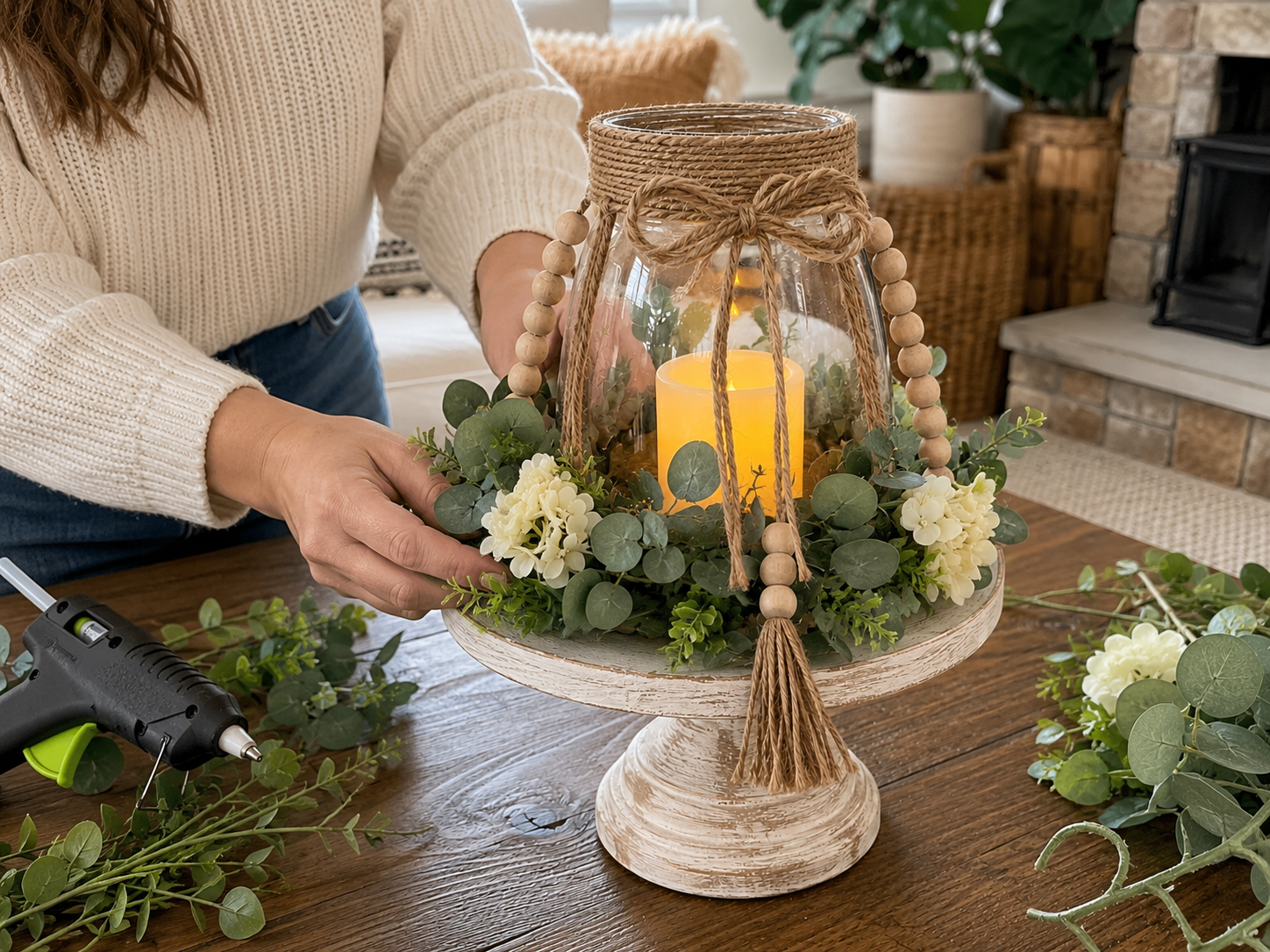 How to arrange greenery & flowers - Rustic Farmhouse Beaded Candle Pedestal Centerpiece DIY tutorial