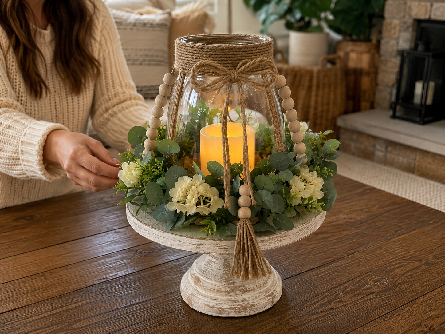 How to final touches & display - Rustic Farmhouse Beaded Candle Pedestal Centerpiece DIY tutorial