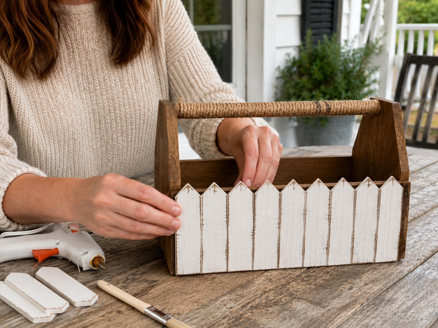 How to craft picket fence front - Rustic Farmhouse Garden Tool Caddy DIY tutorial