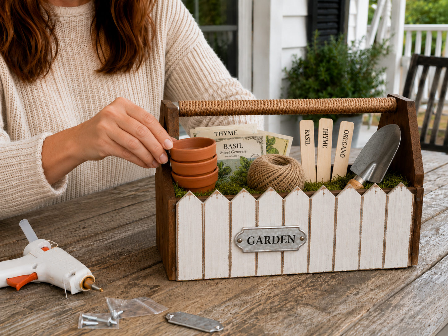 How to arrange garden accents - Rustic Farmhouse Garden Tool Caddy DIY tutorial