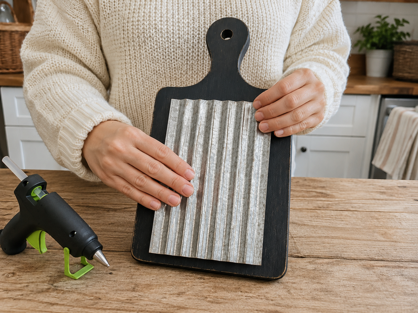 How to attach galvanized metal panel - Rustic Farmhouse Kitchen Utensil Board Decor DIY tutorial