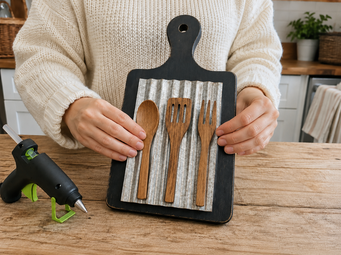 How to secure wooden utensils - Rustic Farmhouse Kitchen Utensil Board Decor DIY tutorial