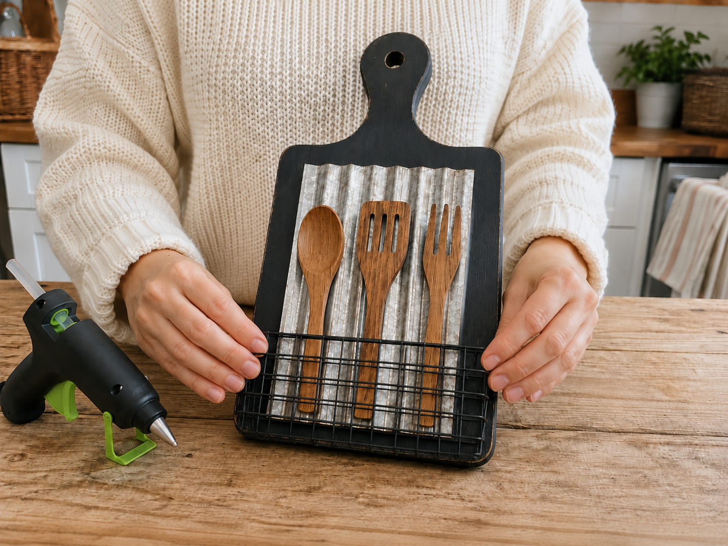 How to attach wire basket - Rustic Farmhouse Kitchen Utensil Board Decor DIY tutorial