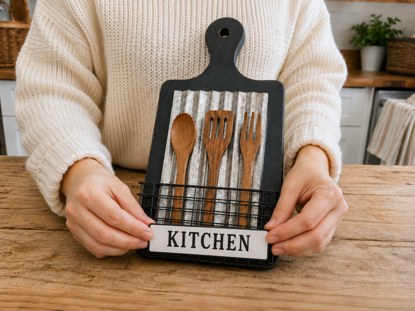 How to label the basket 'kitchen' - Rustic Farmhouse Kitchen Utensil Board Decor DIY tutorial