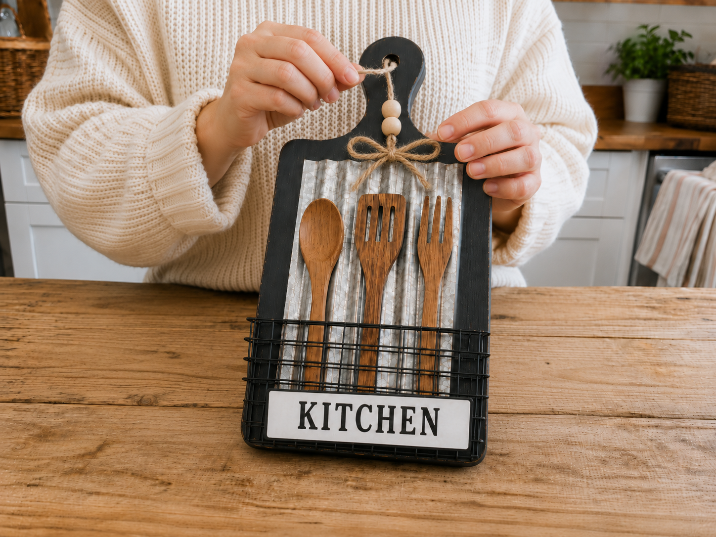 How to add jute rope hanger - Rustic Farmhouse Kitchen Utensil Board Decor DIY tutorial