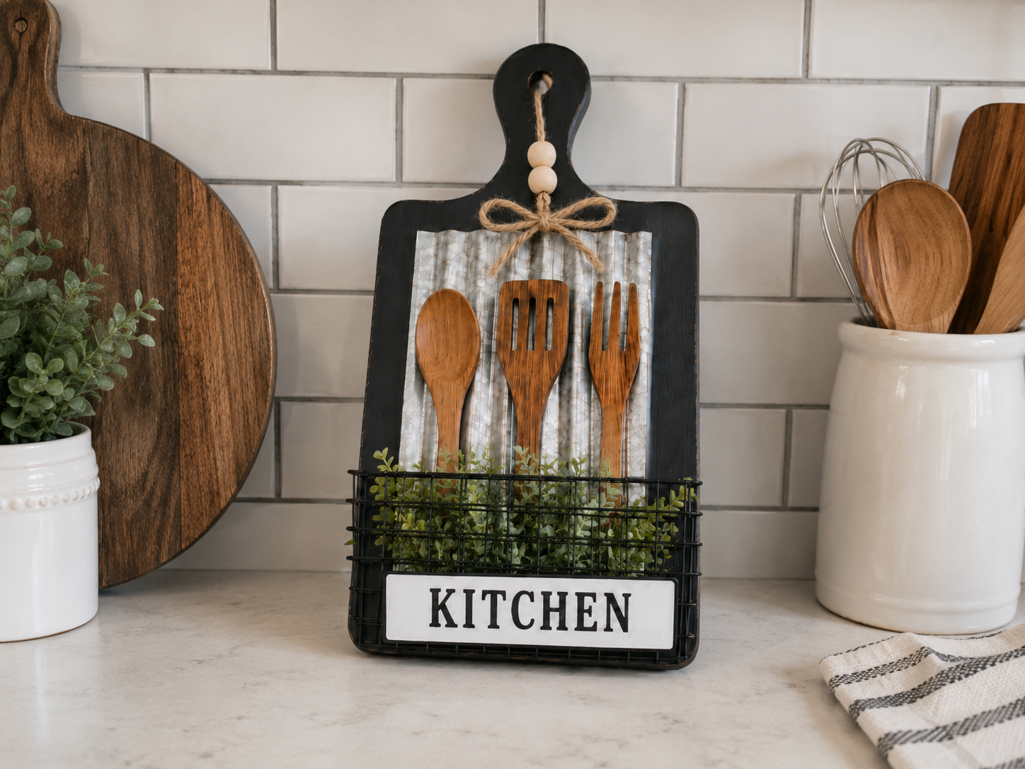 How to final greenery & display - Rustic Farmhouse Kitchen Utensil Board Decor DIY tutorial