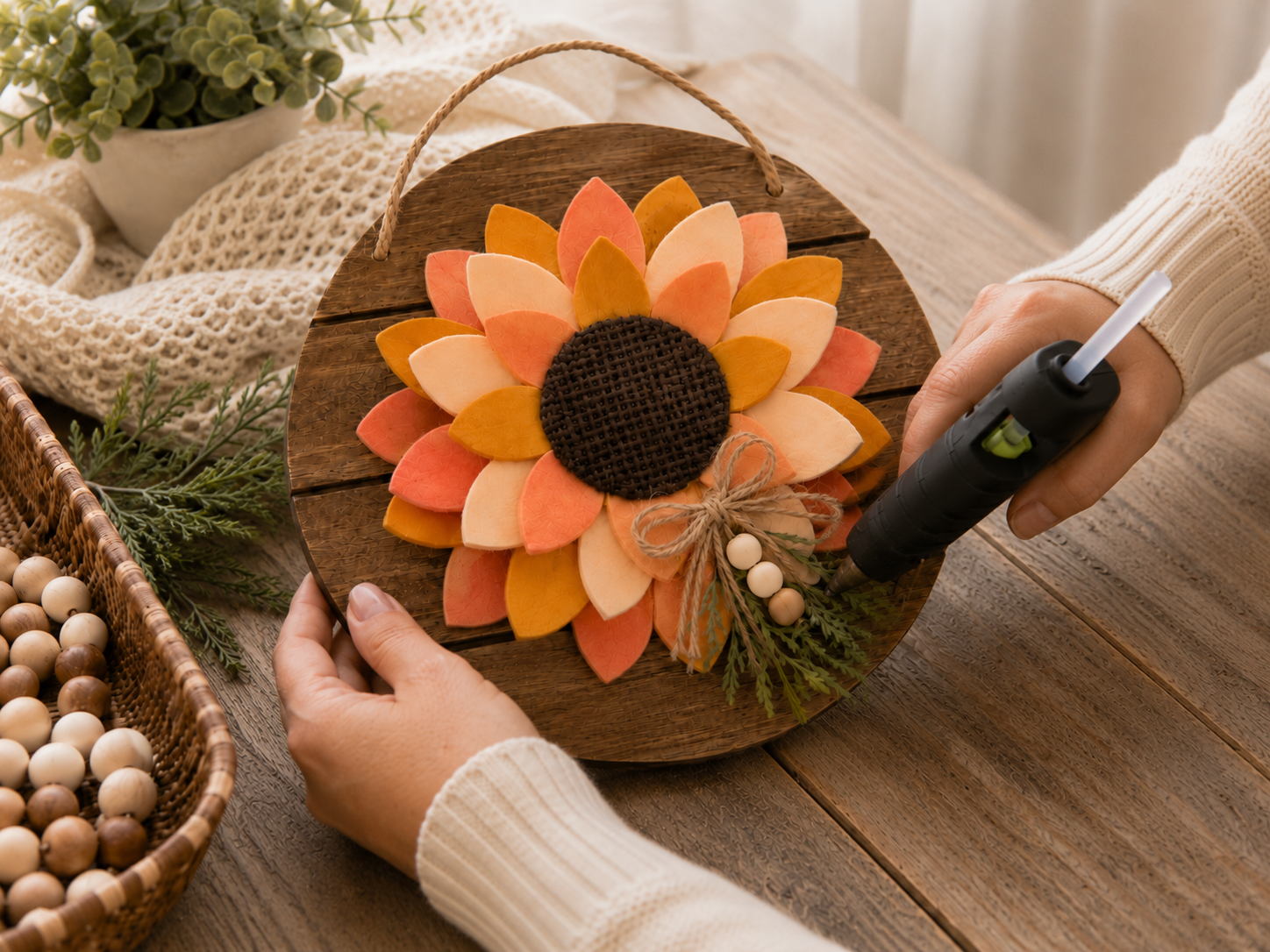 How to add rustic embellishments - Rustic Farmhouse Sunflower Door Hanger (Dollar Tree DIY) DIY tutorial
