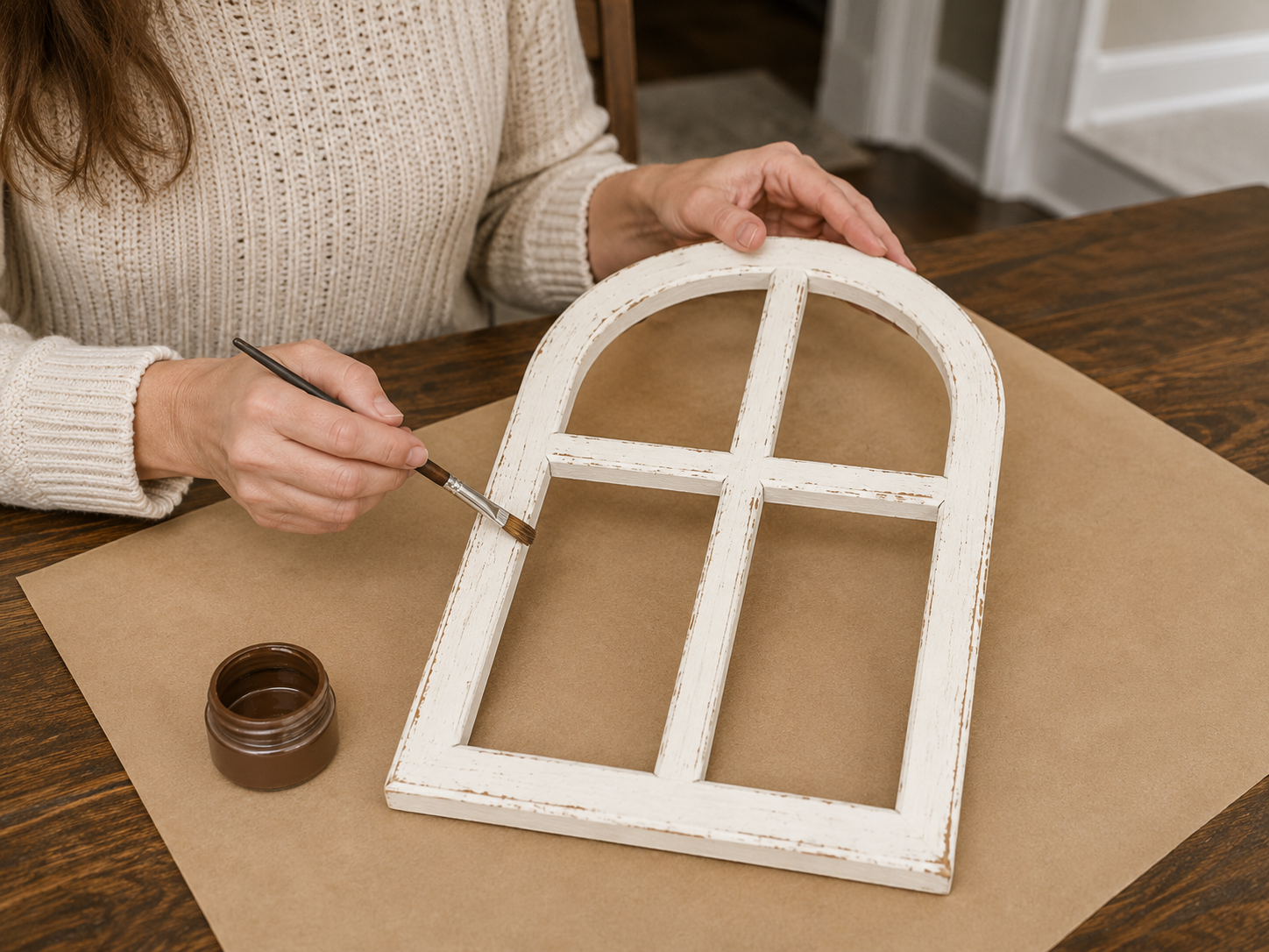 How to paint & distress the frame - Rustic Farmhouse Window Planter Shelf Decor DIY tutorial