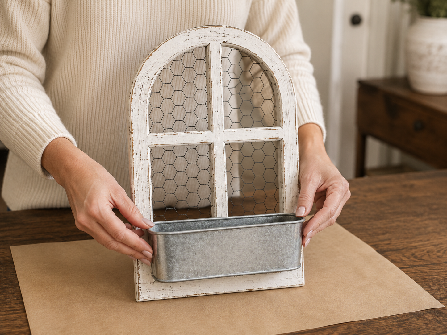 How to position the metal planter - Rustic Farmhouse Window Planter Shelf Decor DIY tutorial
