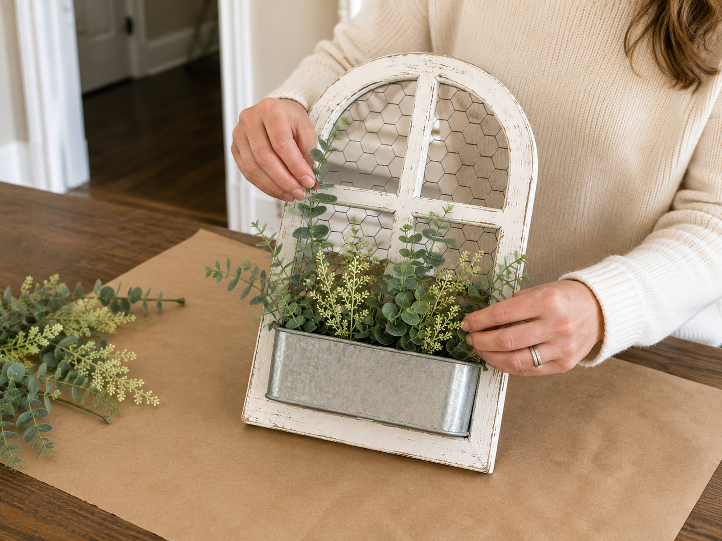 How to arrange faux greenery - Rustic Farmhouse Window Planter Shelf Decor DIY tutorial