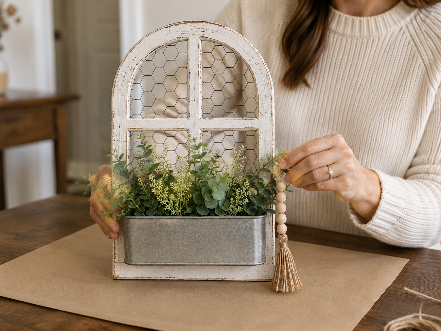 How to create & attach bead tassel - Rustic Farmhouse Window Planter Shelf Decor DIY tutorial