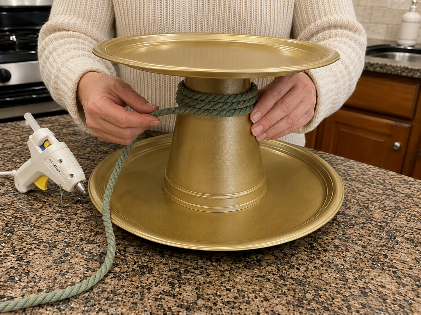 How to add decorative rope accent - Rustic Gold Pedestal Kitchen Centerpiece DIY tutorial