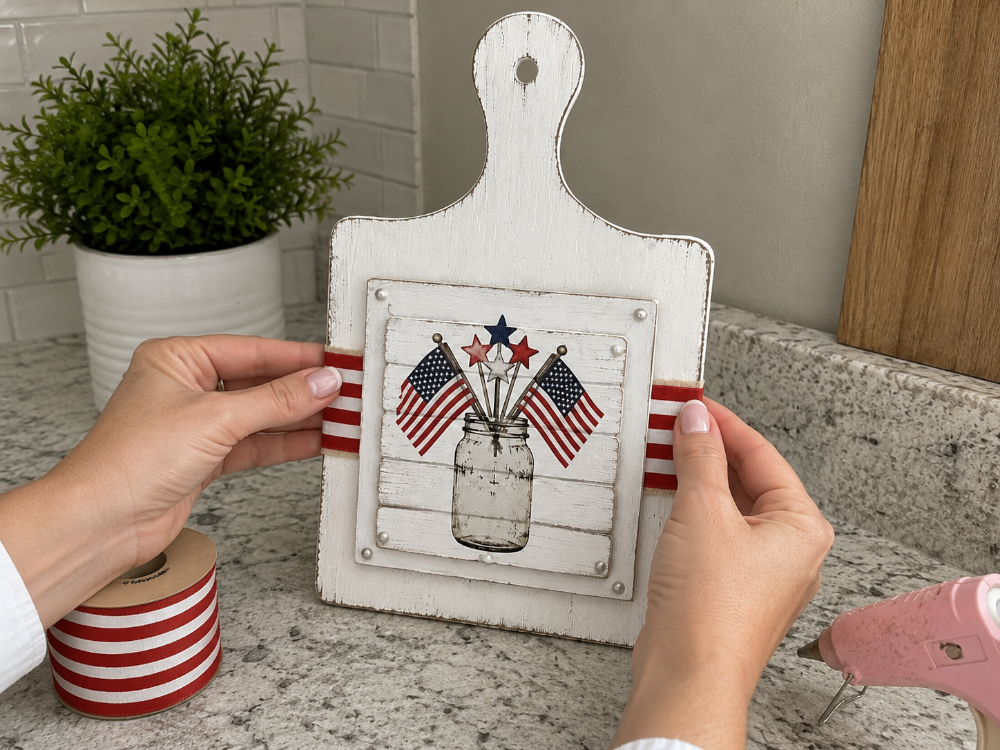 How to attach side ribbon accents - Rustic Patriotic Cutting Board DIY tutorial