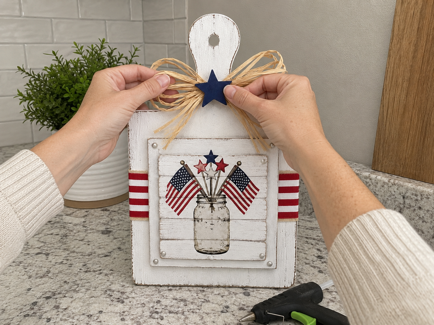How to add raffia bow & star - Rustic Patriotic Cutting Board DIY tutorial