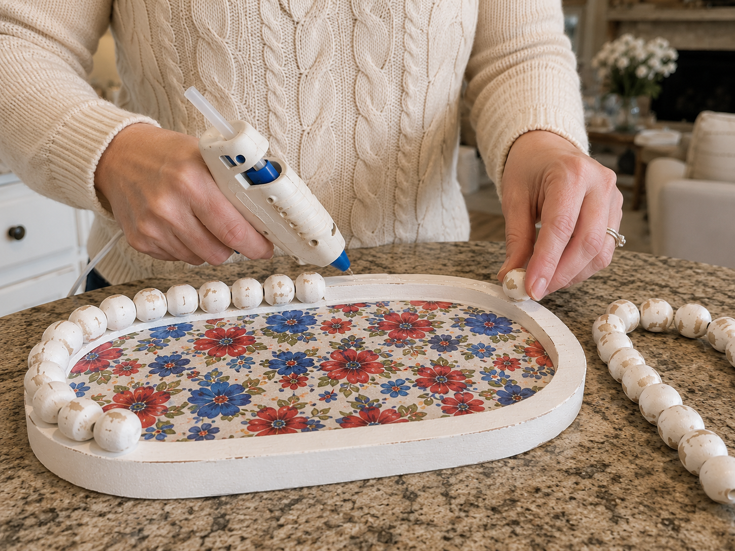 How to attach beaded border - Rustic Patriotic LED Candle Pedestal Tray DIY tutorial