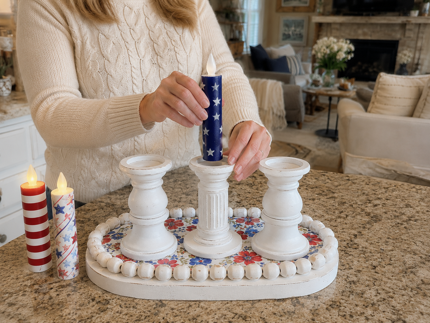How to place & secure elements - Rustic Patriotic LED Candle Pedestal Tray DIY tutorial