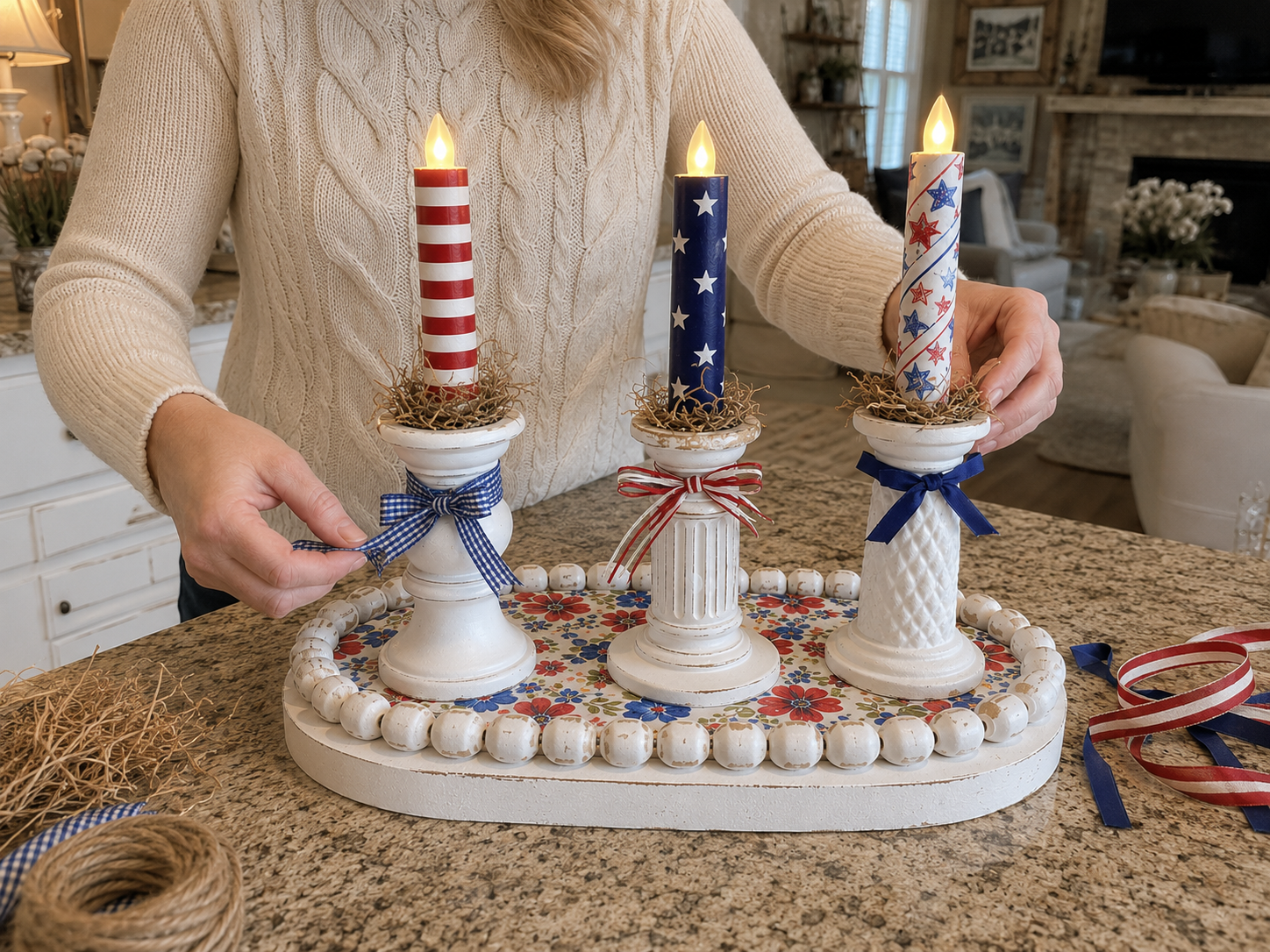 How to add finishing embellishments - Rustic Patriotic LED Candle Pedestal Tray DIY tutorial