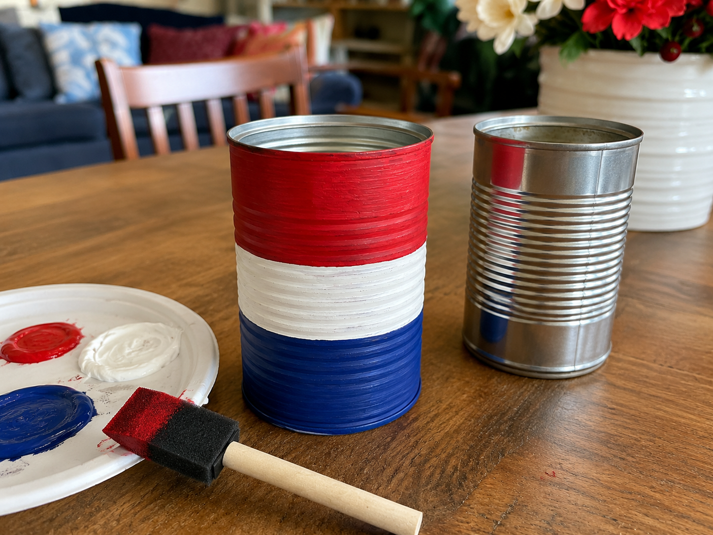 How to paint first can's design - Rustic Patriotic Tin Can Firecracker Decor Set DIY tutorial