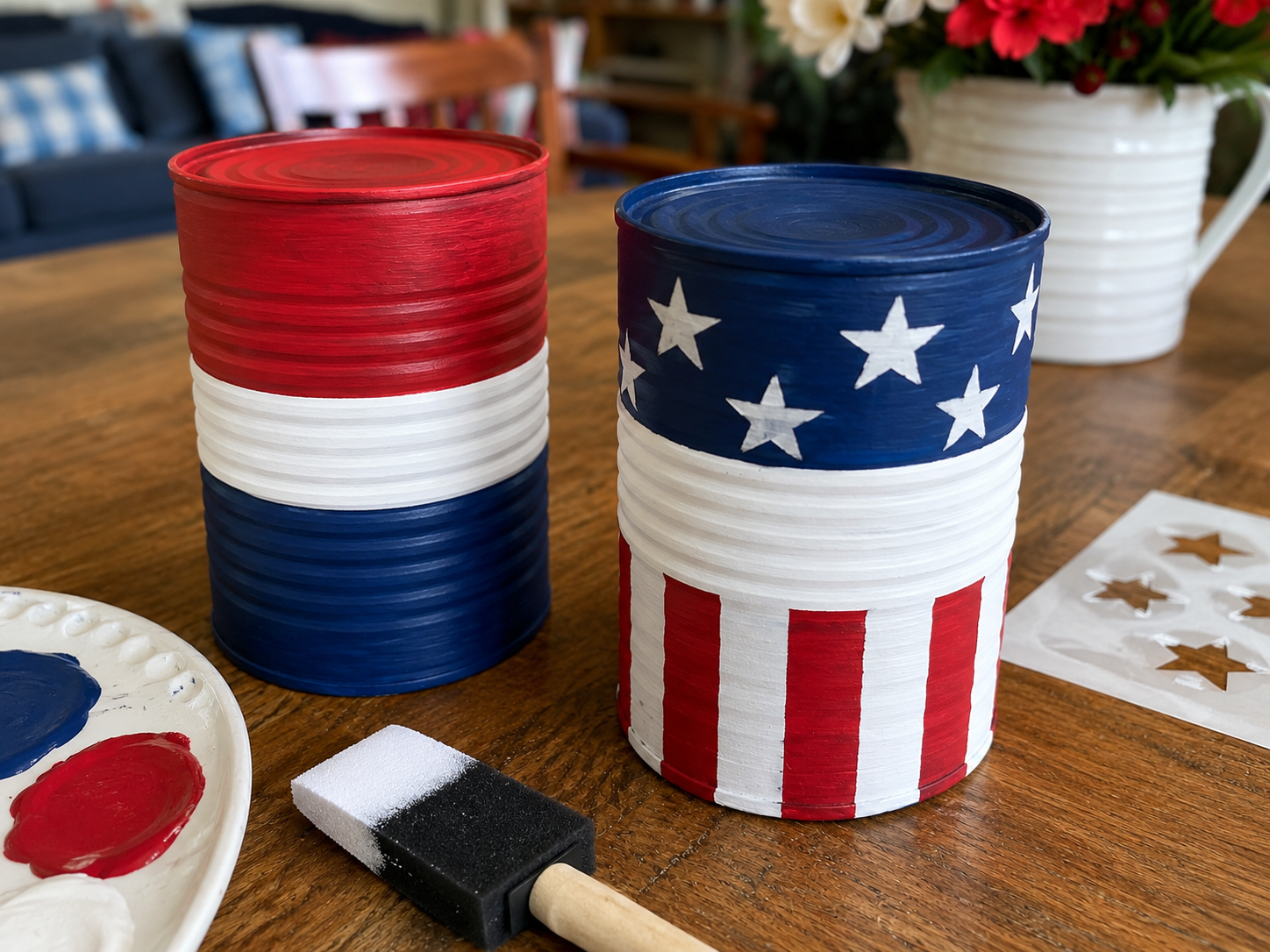 How to paint second can with stars & stripes - Rustic Patriotic Tin Can Firecracker Decor Set DIY tutorial