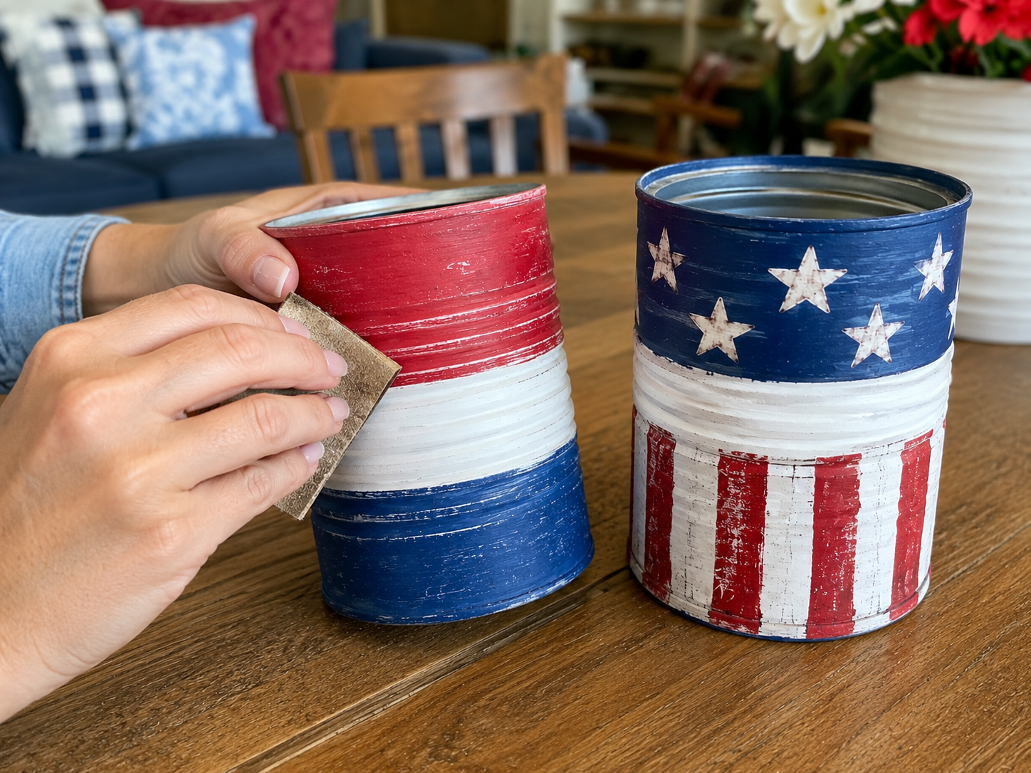 How to create distressed farmhouse finish - Rustic Patriotic Tin Can Firecracker Decor Set DIY tutorial