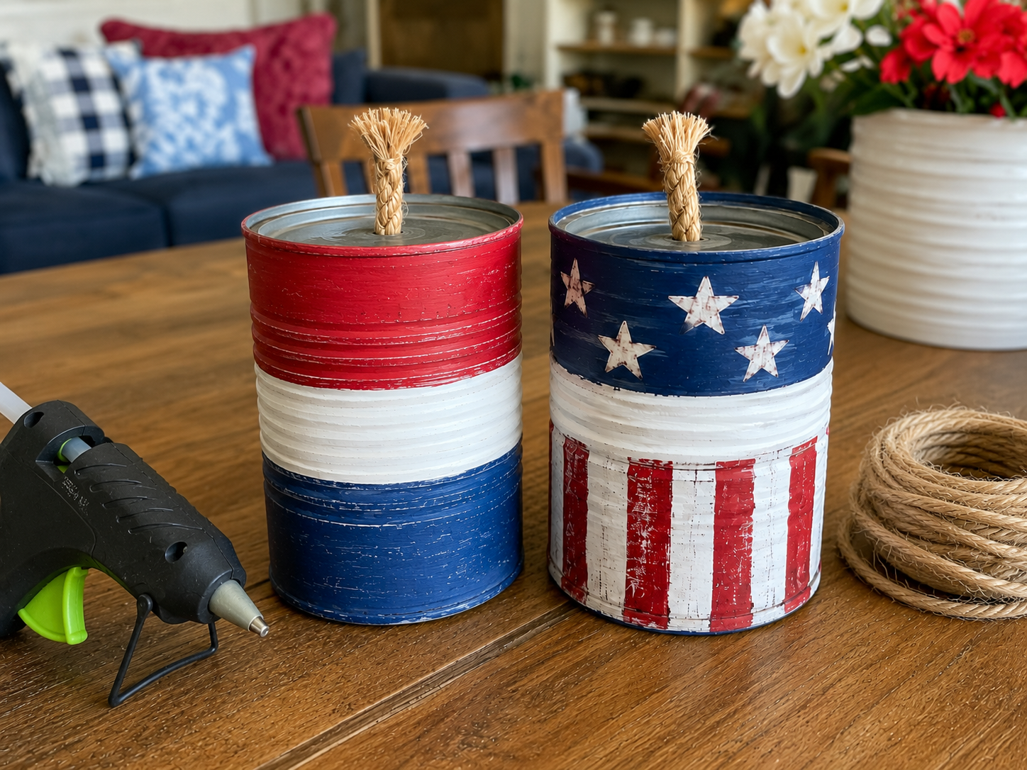 How to add faux firecracker wicks - Rustic Patriotic Tin Can Firecracker Decor Set DIY tutorial