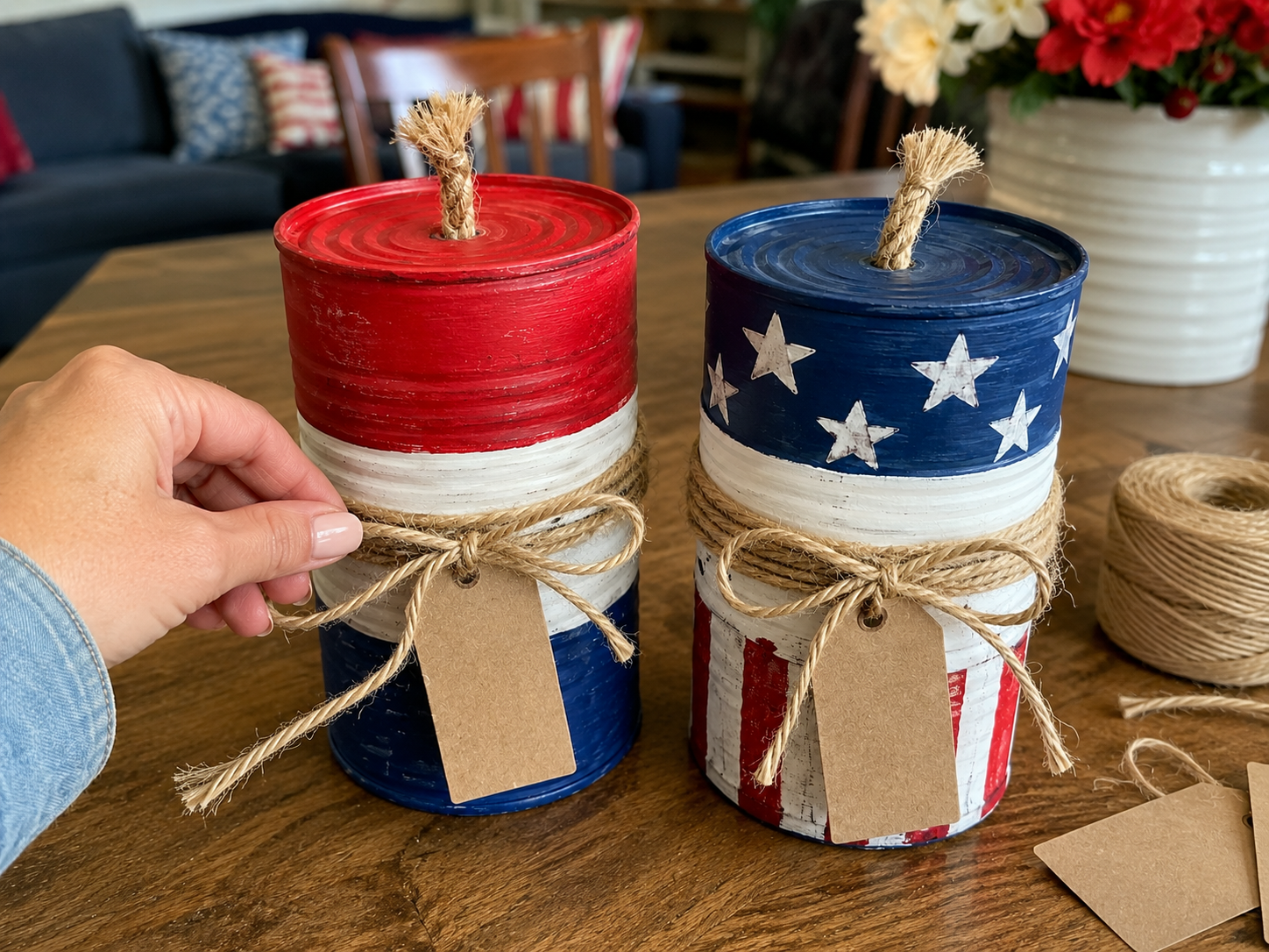 How to embellish with jute bows & tags - Rustic Patriotic Tin Can Firecracker Decor Set DIY tutorial