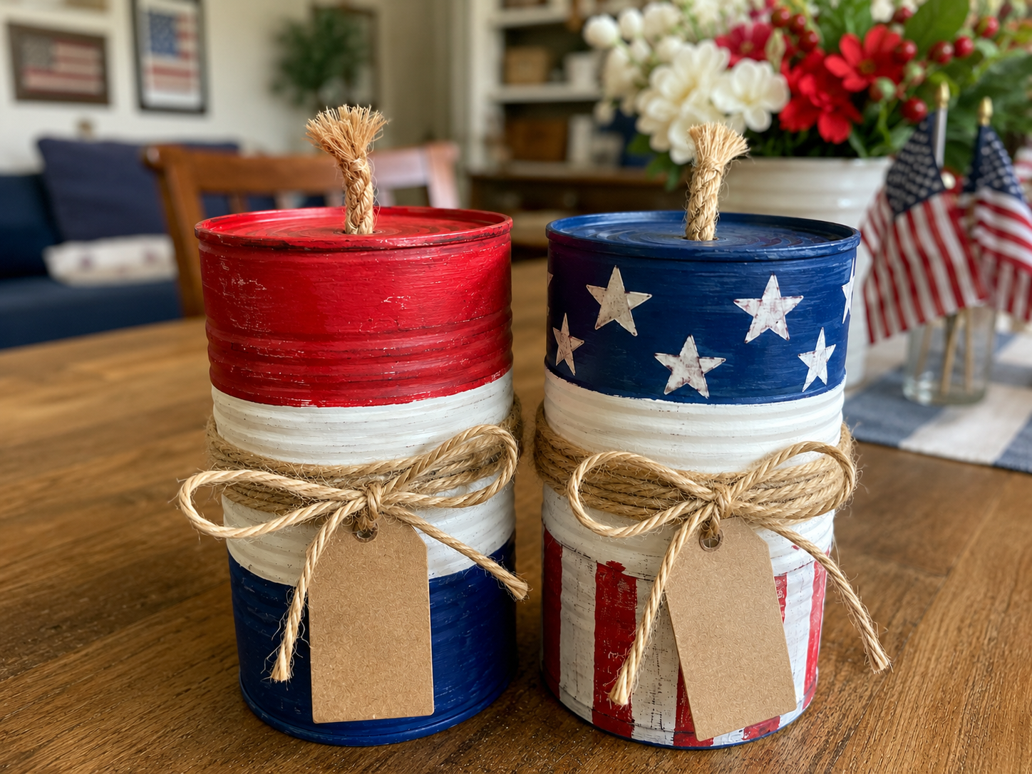 How to arrange your patriotic display - Rustic Patriotic Tin Can Firecracker Decor Set DIY tutorial
