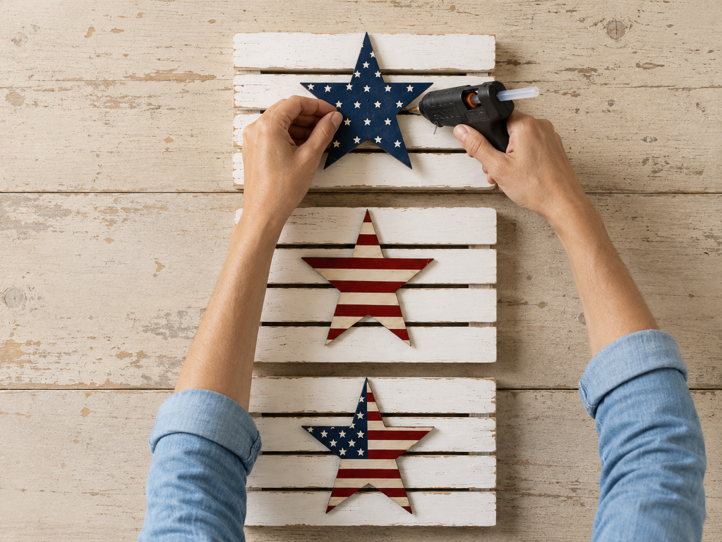 How to secure stars to blocks - Rustic Patriotic Wooden Star Slat Wall Decor DIY tutorial