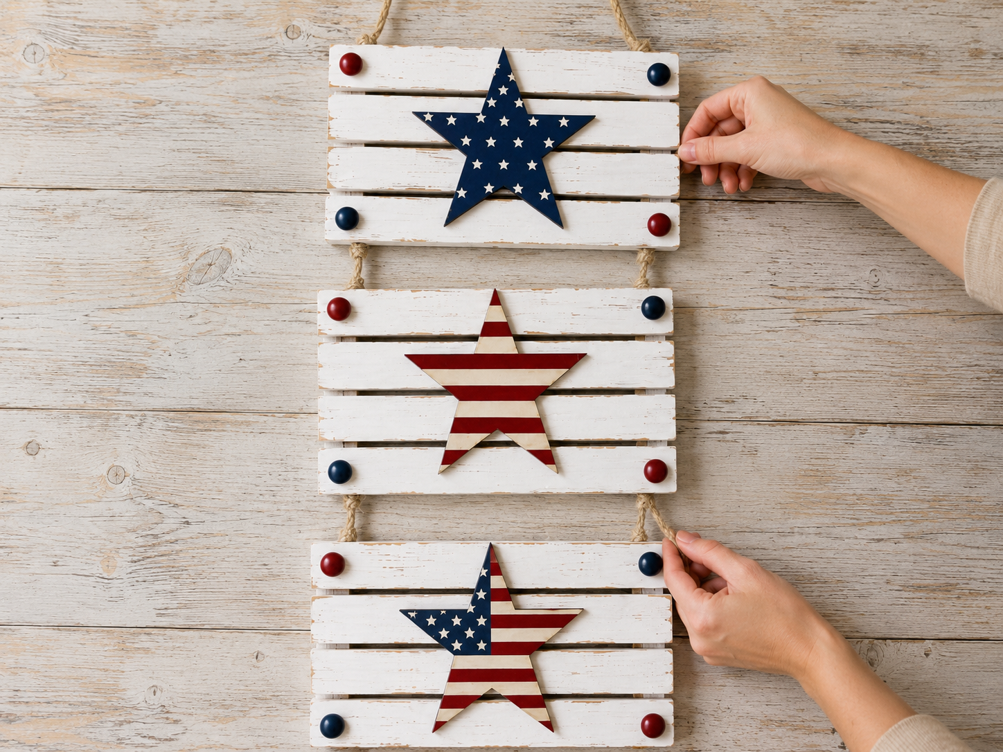 How to connect blocks with jute - Rustic Patriotic Wooden Star Slat Wall Decor DIY tutorial