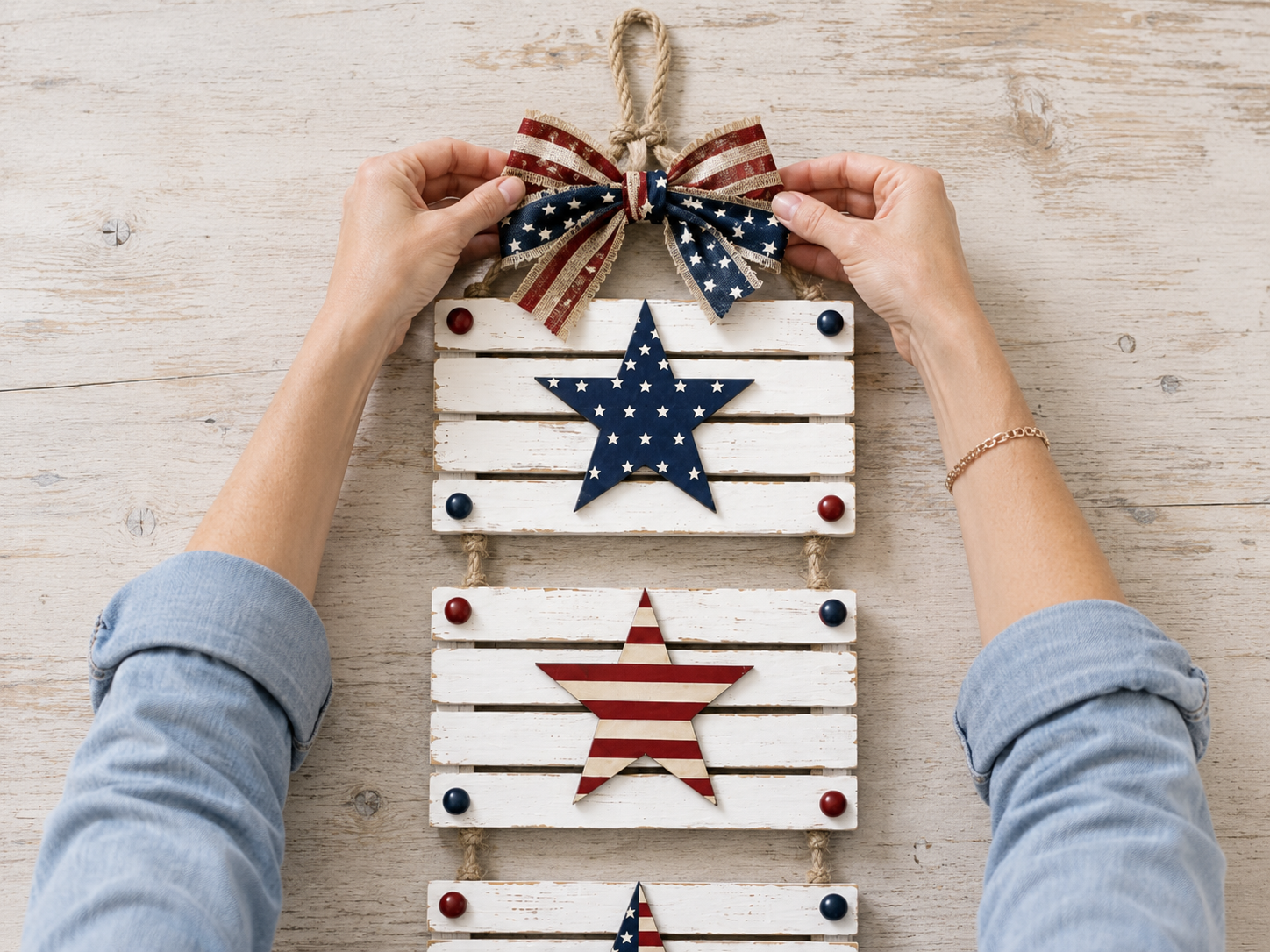 How to create hanger & bow - Rustic Patriotic Wooden Star Slat Wall Decor DIY tutorial