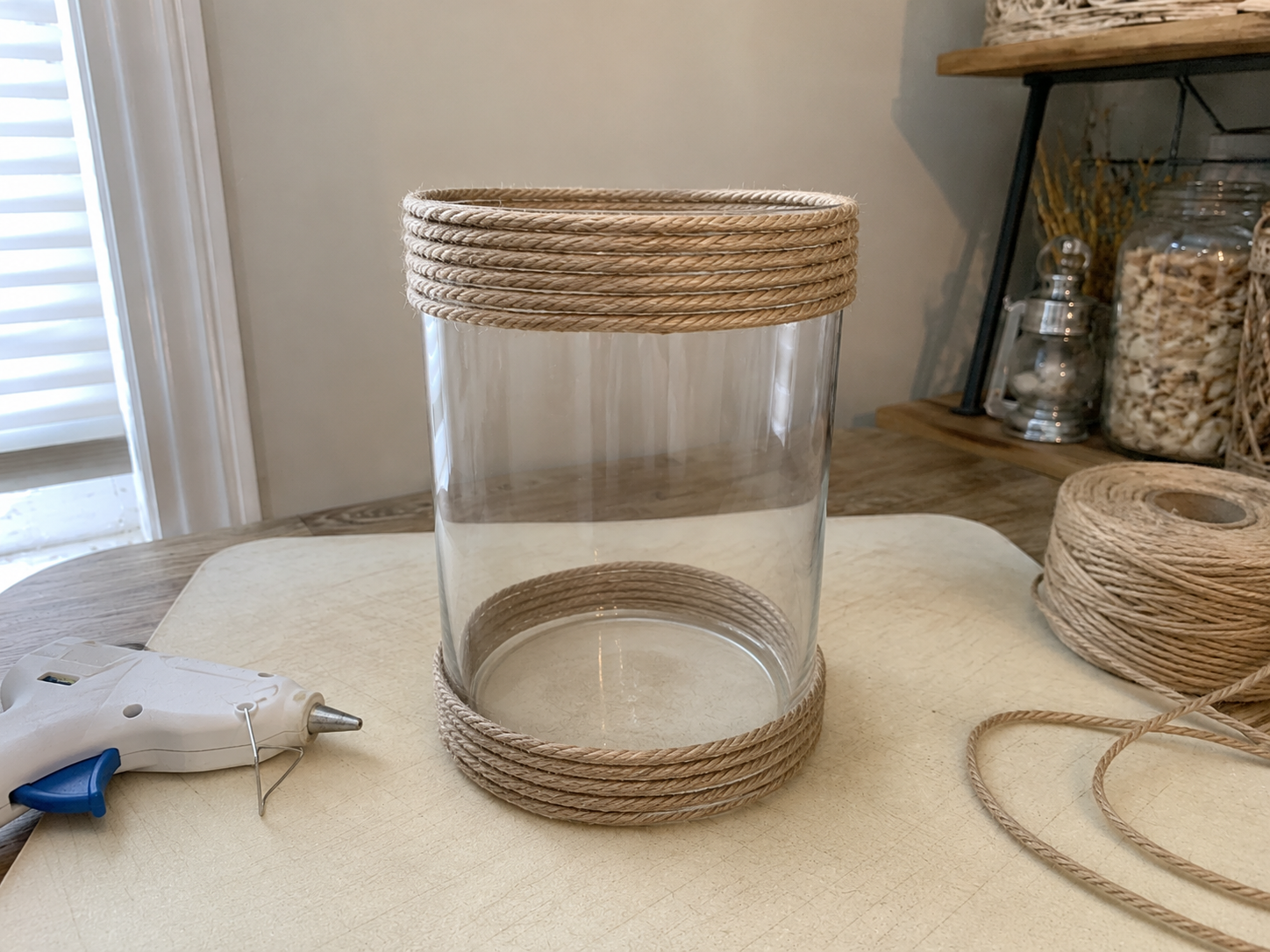 How to attach top & bottom bands - DIY Coastal Summer Lantern Vase: Dollar Tree Style Centerpiece DIY tutorial