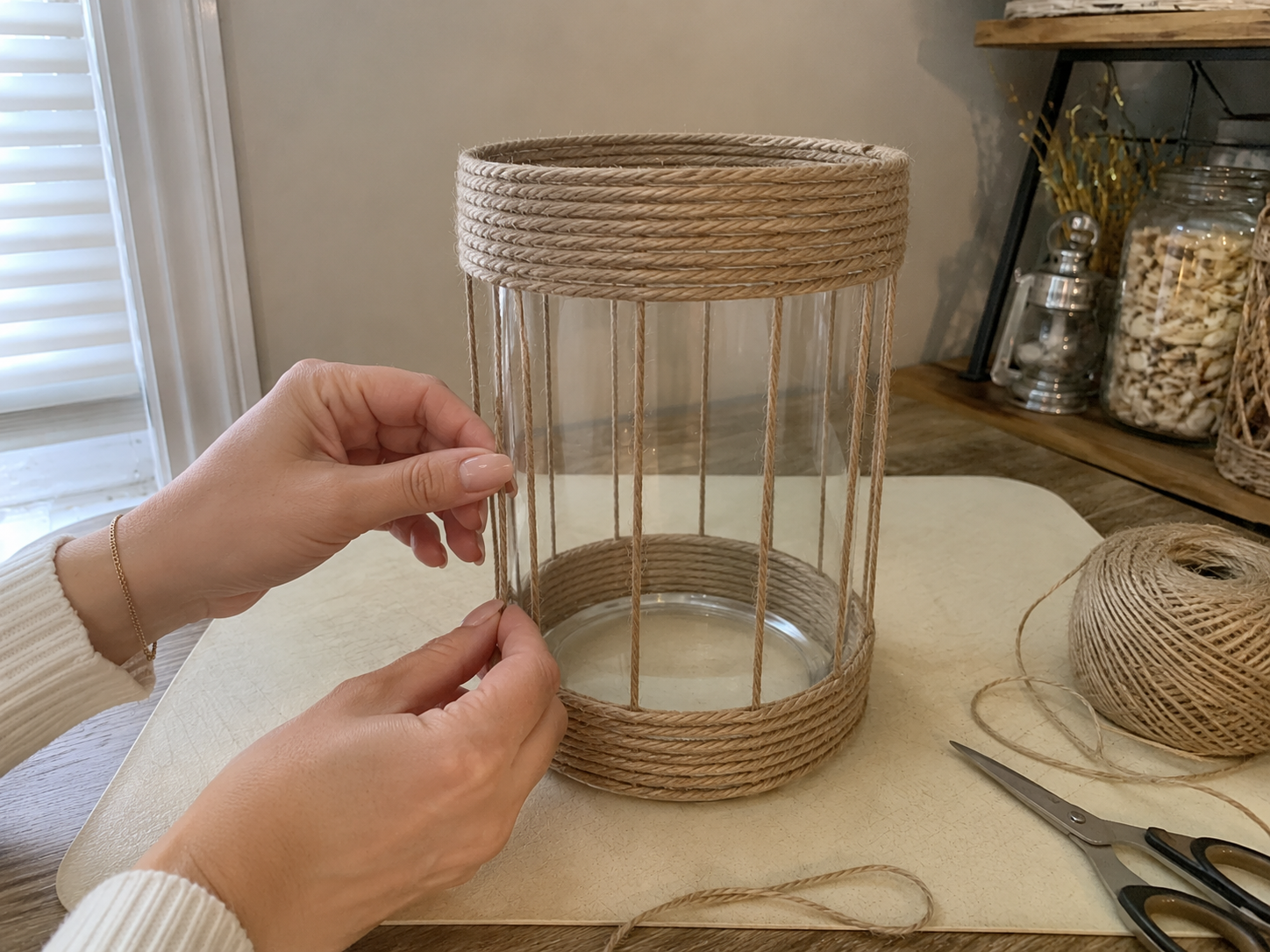 How to create vertical netting strands - DIY Coastal Summer Lantern Vase: Dollar Tree Style Centerpiece DIY tutorial