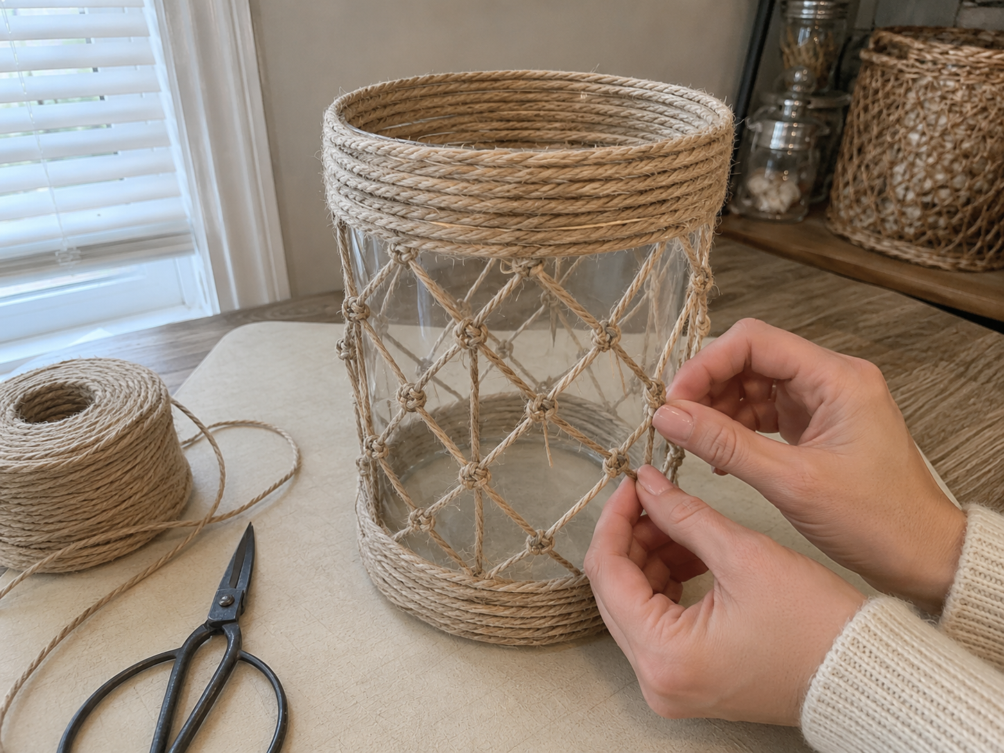 How to form the net pattern - DIY Coastal Summer Lantern Vase: Dollar Tree Style Centerpiece DIY tutorial