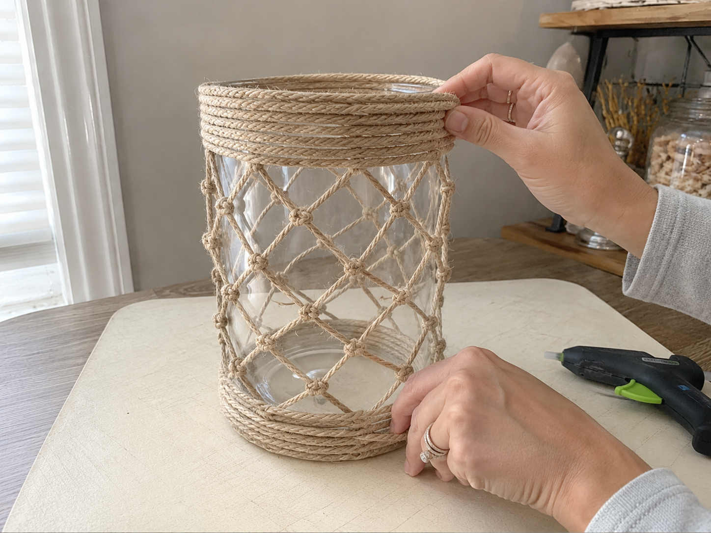 How to add top & bottom rope trim - DIY Coastal Summer Lantern Vase: Dollar Tree Style Centerpiece DIY tutorial