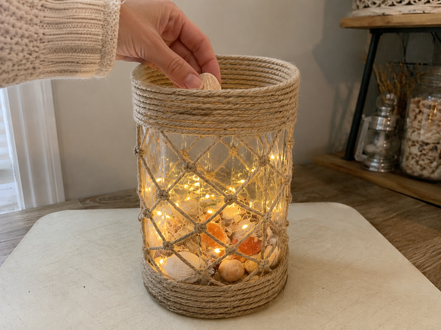 How to fill with seashells & lights - DIY Coastal Summer Lantern Vase: Dollar Tree Style Centerpiece DIY tutorial