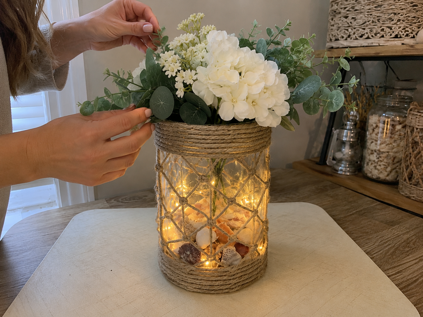How to arrange faux florals - DIY Coastal Summer Lantern Vase: Dollar Tree Style Centerpiece DIY tutorial