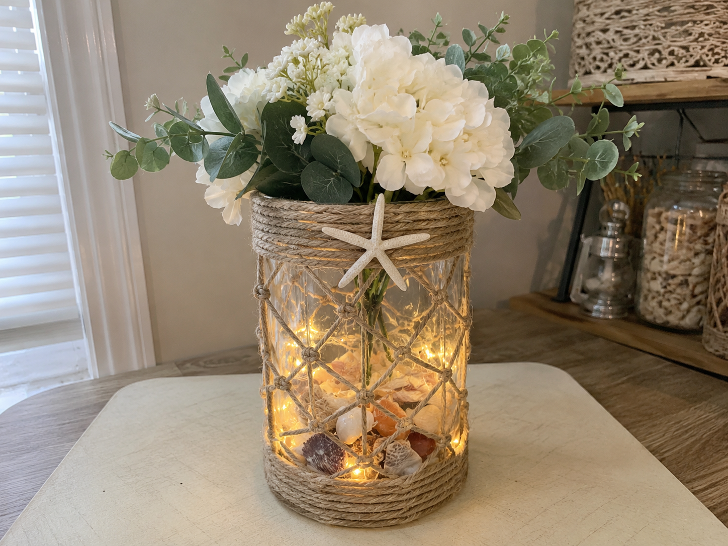 How to attach decorative starfish - DIY Coastal Summer Lantern Vase: Dollar Tree Style Centerpiece DIY tutorial