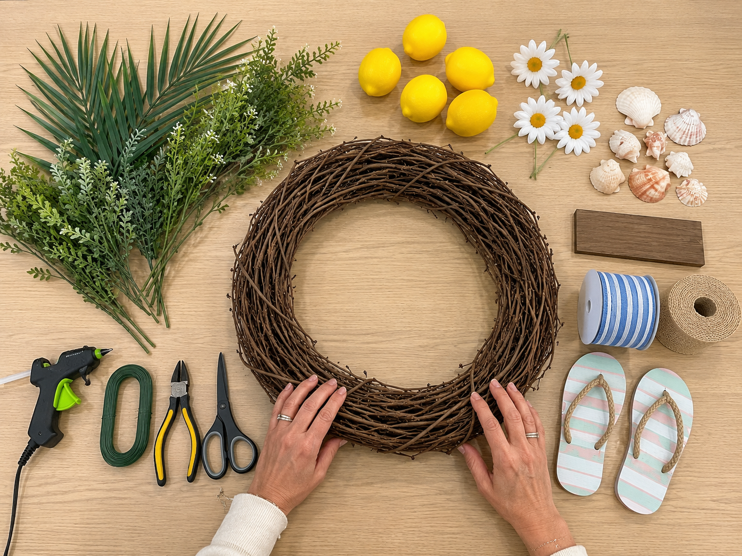 How to prepare your wreath base - DIY Dollar Tree Lemon & Flip-Flop Summer Wreath DIY tutorial